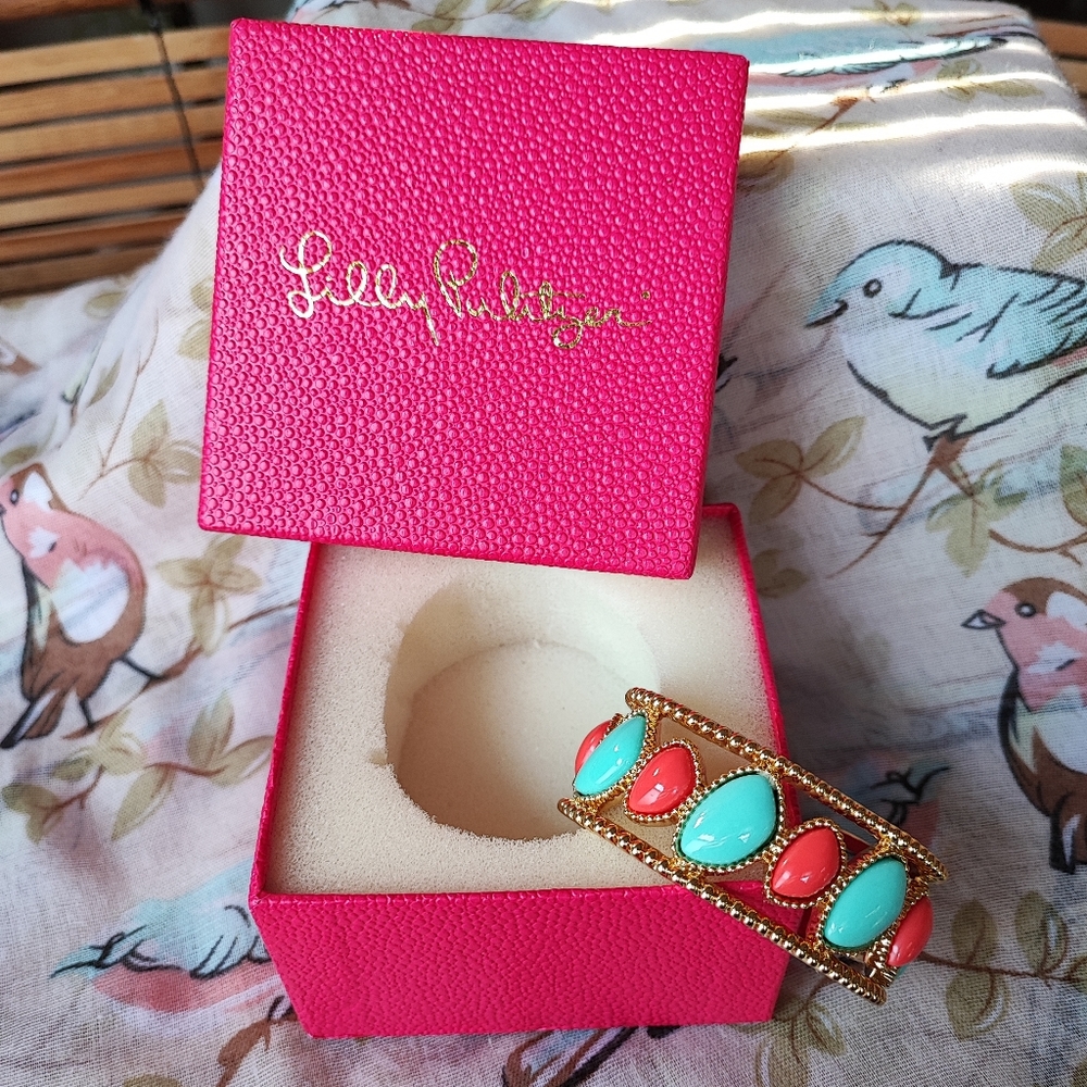 Lilly Pulitzer Shiny Gold Tone Cuff Bracelet Faux Turquoise and Coral NIB NEW
